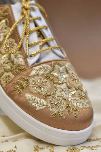 Shop_Around Always_Brown Kusum Floral Sequin Embroidered Sneakers _Online_at_Aza_Fashions