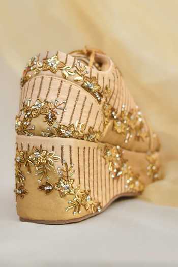 Buy_Around Always_Gold Suhani Floral Embroidered Sneakers _Online_at_Aza_Fashions