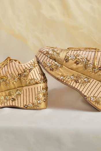 Shop_Around Always_Gold Suhani Floral Embroidered Sneakers _Online_at_Aza_Fashions