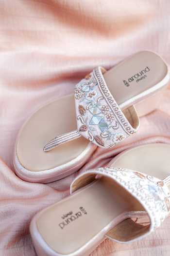 Around Always_Peach Jhanvi Floral Motif Wedges _Online_at_Aza_Fashions