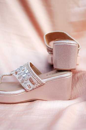 Buy_Around Always_Peach Jhanvi Floral Motif Wedges _Online_at_Aza_Fashions