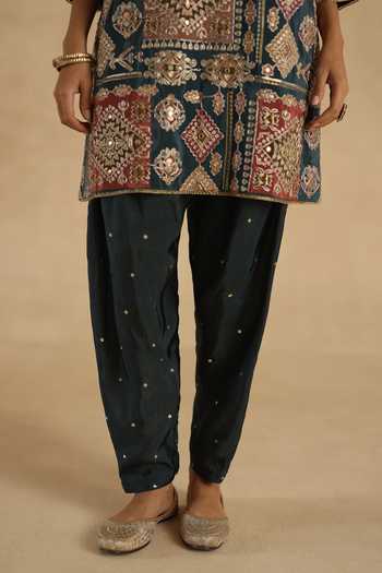 Shop_Begum_Blue Silk Mandarin Collar Manik Kurta And Pant Set _Online_at_Aza_Fashions