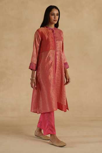 Buy Begum Pink Silk, Tissue, Organza Mandarin Collar Aalam Kurta Pant Set Online at Aza Fashions Buy_Begum_Pink Silk, Tissue, Organza Mandarin Collar Aalam Kurta Pant Set _Online_at_Aza_Fashions