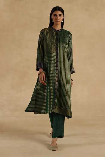 Shop Begum Green Silk, Tissue, Organza Mandarin Collar, Yes Aalam Kurta Pant Set Online at Aza Fashions Shop_Begum_Green Silk, Tissue, Organza Mandarin Collar, Yes Aalam Kurta Pant Set _Online_at_Aza_Fashions