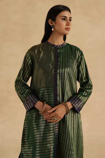 Begum Green Silk, Tissue, Organza Mandarin Collar, Yes Aalam Kurta Pant Set at Aza Fashions Begum_Green Silk, Tissue, Organza Mandarin Collar, Yes Aalam Kurta Pant Set _at_Aza_Fashions