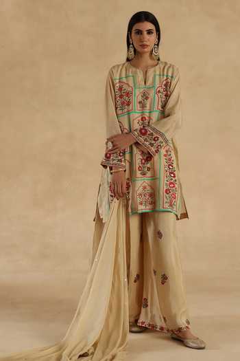 Begum Red Silk Embroidery, Zari, Gota Patti Mandarin Collar, Lila Kurta Sharara Set at Aza Fashions Begum_Red Silk Embroidery, Zari, Gota Patti Mandarin Collar, Lila Kurta Sharara Set _at_Aza_Fashions