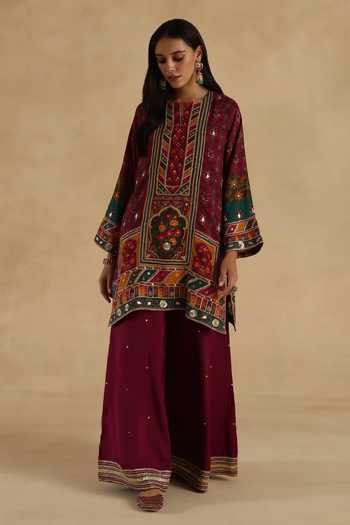 Begum Maroon Silk Mandarin Collar, Yes Chokar Sharara Set Online at Aza Fashions Begum_Maroon Silk Mandarin Collar, Yes Chokar Sharara Set _Online_at_Aza_Fashions