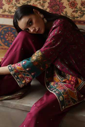 Begum_Maroon Silk Mandarin Collar, Yes Chokar Sharara Set _at_Aza_Fashions