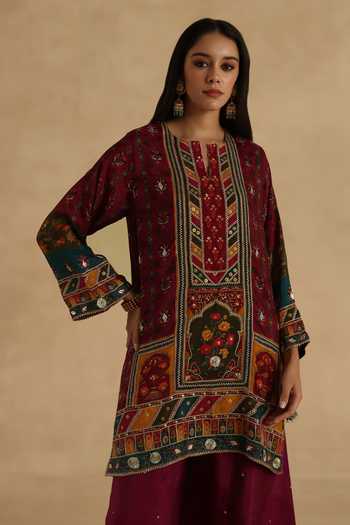 Buy Begum Maroon Silk Mandarin Collar, Yes Chokar Sharara Set Buy_Begum_Maroon Silk Mandarin Collar, Yes Chokar Sharara Set