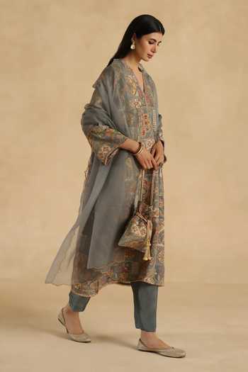 Begum_Grey Silk, Organza V-neck Tarini Kurta Pant Set _Online_at_Aza_Fashions