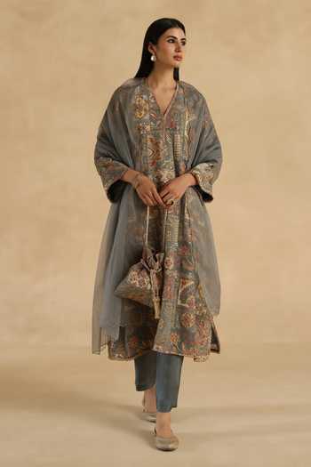 Buy_Begum_Grey Silk, Organza V-neck Tarini Kurta Pant Set _Online_at_Aza_Fashions