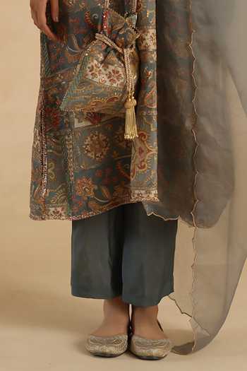 Shop_Begum_Grey Silk, Organza V-neck Tarini Kurta Pant Set _Online_at_Aza_Fashions