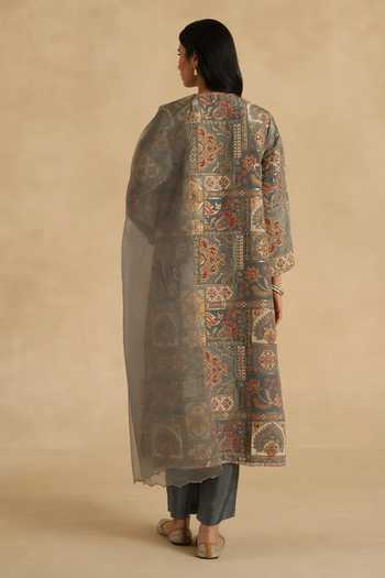 Buy_Begum_Grey Silk, Organza V-neck Tarini Kurta Pant Set 