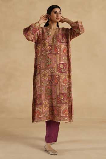 Begum_Purple Silk, Organza V-neck Tarini Kurta Pant Set _Online_at_Aza_Fashions