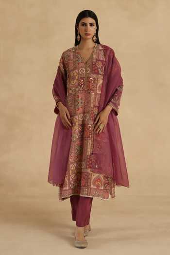 Buy_Begum_Purple Silk, Organza V-neck Tarini Kurta Pant Set _Online_at_Aza_Fashions