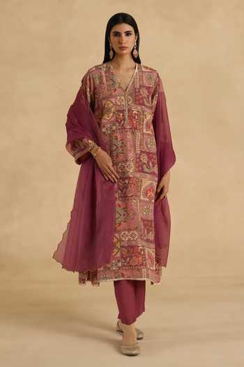 Begum_Purple Silk, Organza V-neck Tarini Kurta Pant Set _at_Aza_Fashions