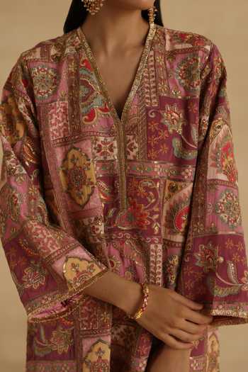 Shop_Begum_Purple Silk, Organza V-neck Tarini Kurta Pant Set 