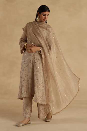 Buy Begum Beige Crepe, Silk, Tissue V-neck Ghazal Kurta Pant Set Online at Aza Fashions Buy_Begum_Beige Crepe, Silk, Tissue V-neck Ghazal Kurta Pant Set _Online_at_Aza_Fashions