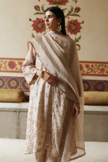 Shop_Begum_Beige Crepe, Silk, Tissue V-neck Ghazal Kurta Pant Set _Online_at_Aza_Fashions