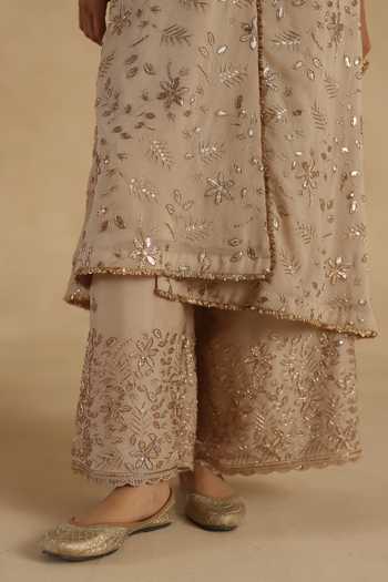 Begum_Beige Crepe, Silk, Tissue V-neck Ghazal Kurta Pant Set _at_Aza_Fashions