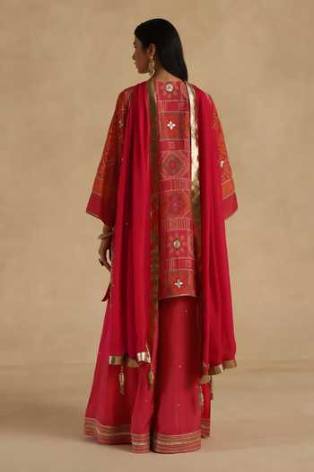 Buy Begum Pink Silk V-neck Kutch Kurta Sharara Set Buy_Begum_Pink Silk V-neck Kutch Kurta Sharara Set