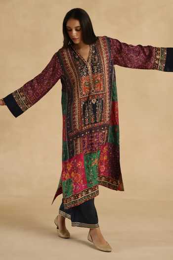 Begum Multi Color Silk V-neck, Yes Meenakari Kurta And Pant Set Online at Aza Fashions Begum_Multi Color Silk V-neck, Yes Meenakari Kurta And Pant Set _Online_at_Aza_Fashions