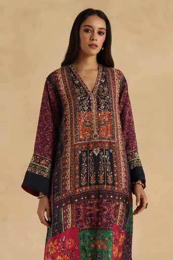Buy Begum Multi Color Silk V-neck, Yes Meenakari Kurta And Pant Set Online at Aza Fashions Buy_Begum_Multi Color Silk V-neck, Yes Meenakari Kurta And Pant Set _Online_at_Aza_Fashions
