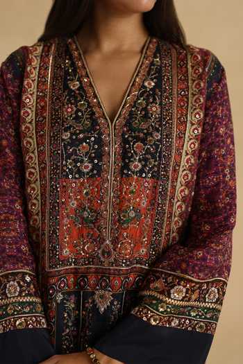 Begum_Multi Color Silk V-neck, Yes Meenakari Kurta And Pant Set _at_Aza_Fashions