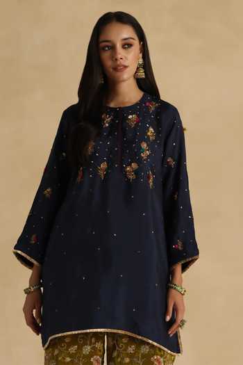 Begum Navy Silk, Organza Round Neck Sawai Kurta Pant Set Online at Aza Fashions Begum_Navy Silk, Organza Round Neck Sawai Kurta Pant Set _Online_at_Aza_Fashions