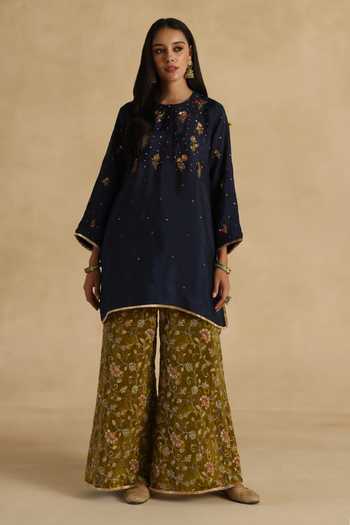 Shop Begum Navy Silk, Organza Round Neck Sawai Kurta Pant Set Online at Aza Fashions Shop_Begum_Navy Silk, Organza Round Neck Sawai Kurta Pant Set _Online_at_Aza_Fashions
