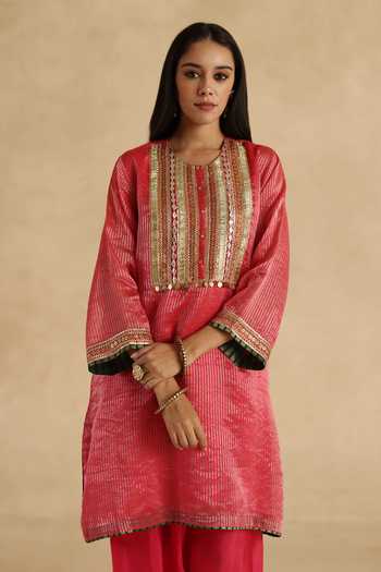 Shop_Begum_Pink Silk, Tissue Round Neck Bindiya Kurta Pant Set _Online_at_Aza_Fashions