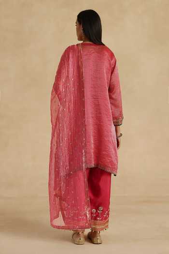 Buy_Begum_Pink Silk, Tissue Round Neck Bindiya Kurta Pant Set 
