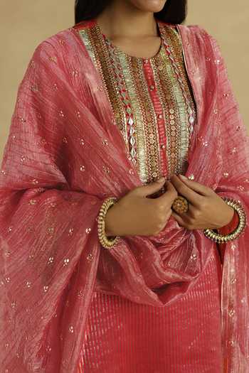 Shop_Begum_Pink Silk, Tissue Round Neck Bindiya Kurta Pant Set 