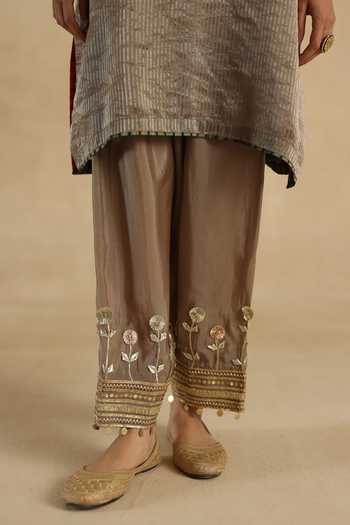 Buy_Begum_Grey Silk, Tissue Round Neck Bindiya Kurta Pant Set _Online_at_Aza_Fashions