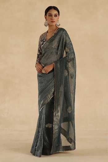 Buy_Begum_Blue Silk, Tissue V-neck Veda Saree With Blouse _Online_at_Aza_Fashions