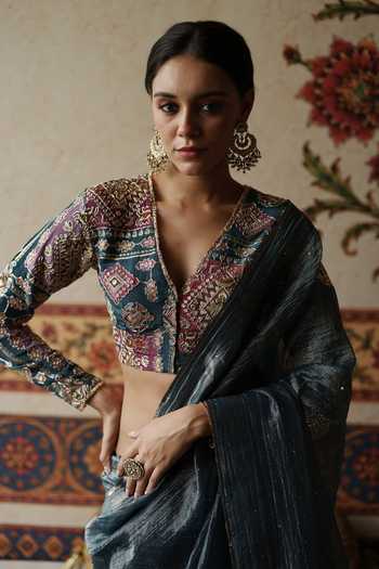 Shop_Begum_Blue Silk, Tissue V-neck Veda Saree With Blouse _Online_at_Aza_Fashions
