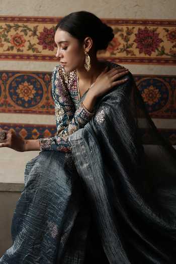 Begum_Blue Silk, Tissue V-neck Veda Saree With Blouse _at_Aza_Fashions