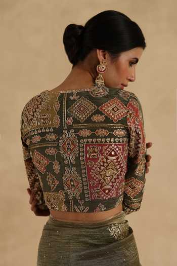 Buy_Begum_Multi Color Silk, Tissue V-neck Veda Saree With Blouse _Online_at_Aza_Fashions