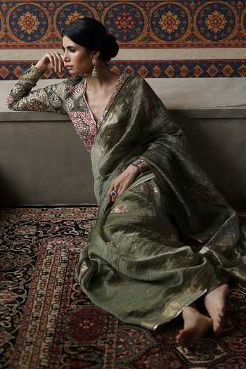 Shop_Begum_Multi Color Silk, Tissue V-neck Veda Saree With Blouse _Online_at_Aza_Fashions