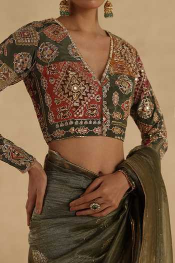 Begum_Multi Color Silk, Tissue V-neck Veda Saree With Blouse _at_Aza_Fashions