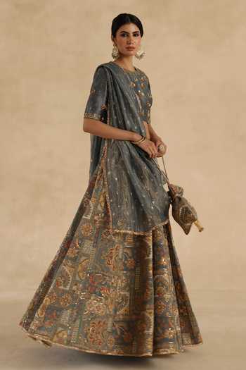 Begum Grey Silk, Tissue Round Neck Kangna Lehenga Blouse Set Online at Aza Fashions Begum_Grey Silk, Tissue Round Neck Kangna Lehenga Blouse Set _Online_at_Aza_Fashions