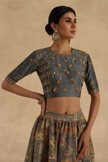 Shop_Begum_Grey Silk, Tissue Round Neck Kangna Lehenga Blouse Set _Online_at_Aza_Fashions