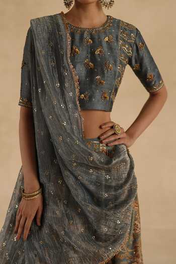 Buy_Begum_Grey Silk, Tissue Round Neck Kangna Lehenga Blouse Set 