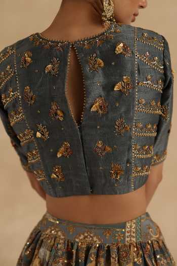 Shop_Begum_Grey Silk, Tissue Round Neck Kangna Lehenga Blouse Set 