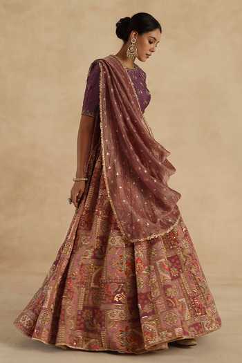 Buy Begum Purple Silk Round Neck Kangna Lehenga Set Buy_Begum_Purple Silk Round Neck Kangna Lehenga Set