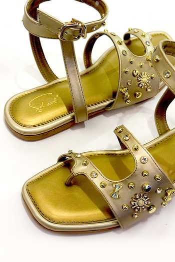 Shop Soleart Gold Helen Studded Vegan Leather Ankle Strap Sandals Online at Aza Fashions Shop_Soleart_Gold Helen Studded Vegan Leather Ankle Strap Sandals _Online_at_Aza_Fashions