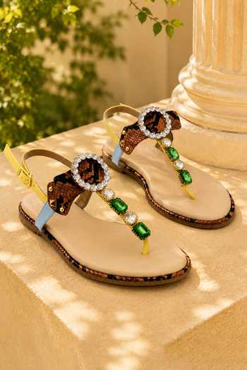 Soleart Asteria Tan Embellished Flat Sandals 