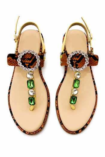 Soleart Asteria Tan Embellished Flat Sandals 