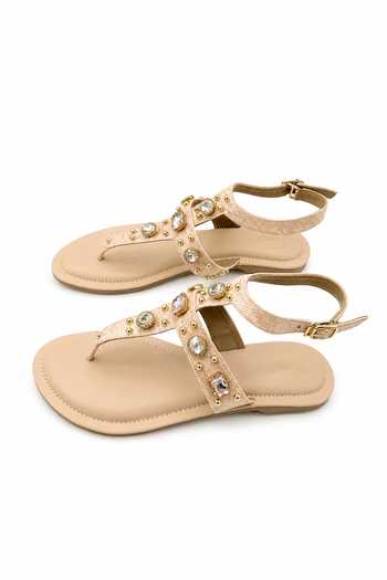 Soleart_Pink Crystal Embellished T-strap Flat Sandals _Online_at_Aza_Fashions