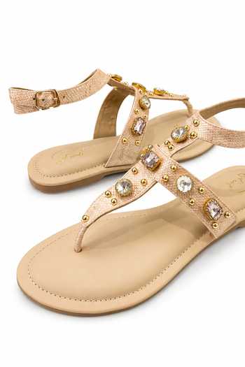 Buy_Soleart_Pink Crystal Embellished T-strap Flat Sandals _Online_at_Aza_Fashions
